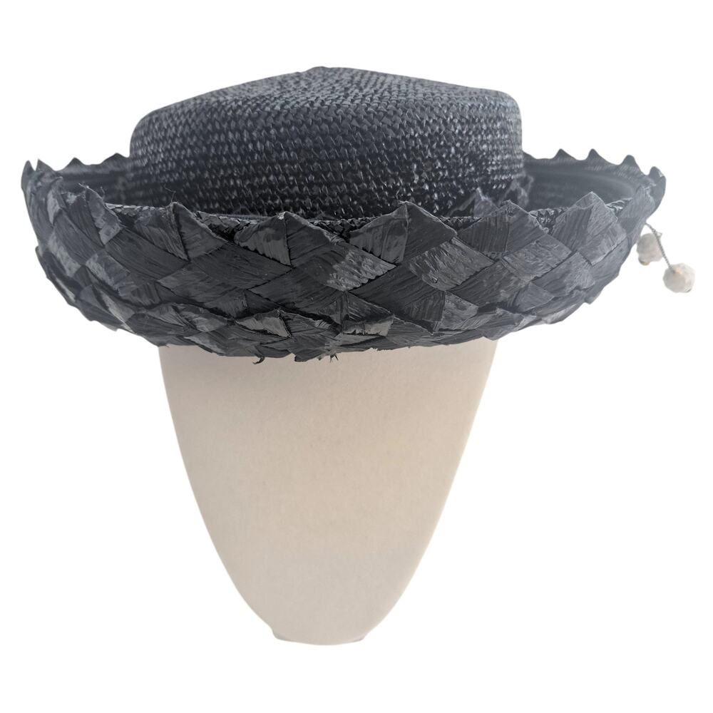 Vintage Junior B Pillbox Hat 1960's Black Straw Made in USA Woven Brim
